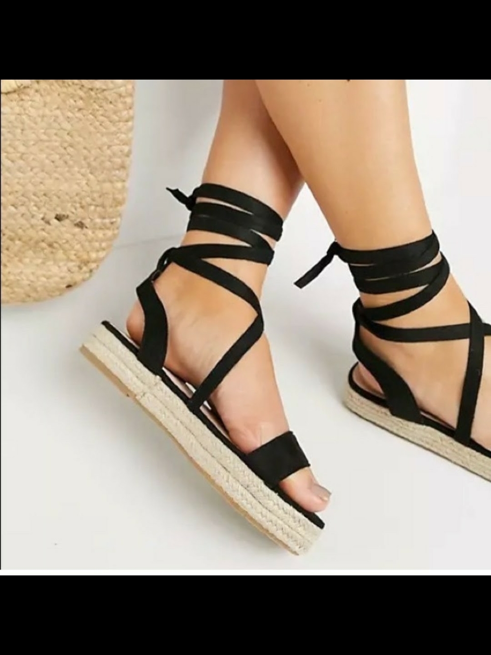 Prettylittlething Black Tie Leg Wrap Espadrille Sandals Size 7.5